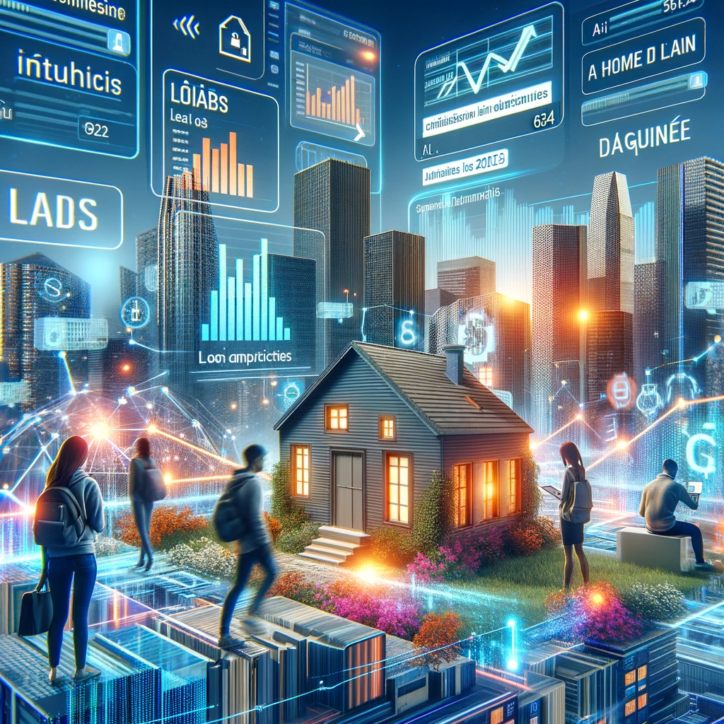 Une illustration moderne du marché du crédit européen en 2023, mettant en scène des jeunes utilisant la technologie pour accéder à des prêts immobiliers, sur fond de paysage urbain européen intégrant des éléments numériques et des graphiques financiers.