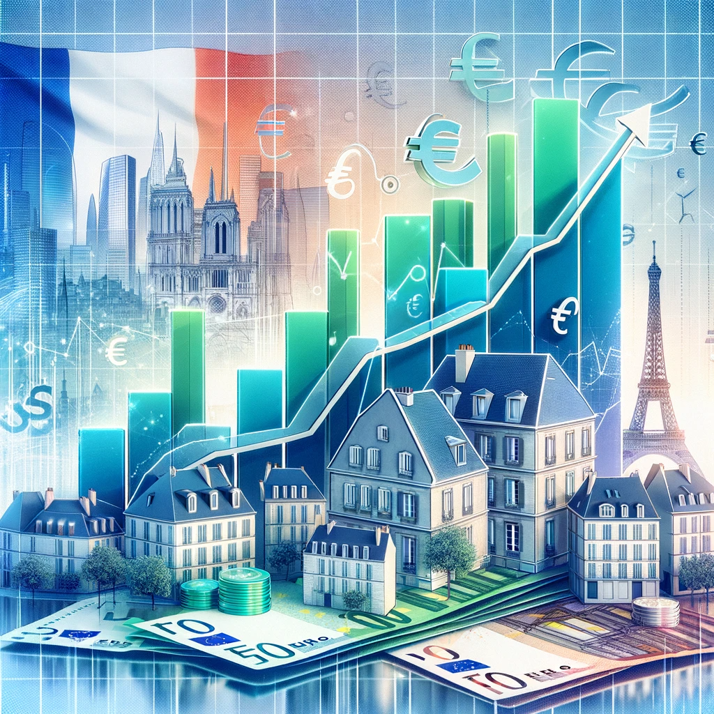 Graphique montrant la stabilisation du crédit immobilier en France en 2023 avec des symboles d'euros et des repères français en arrière-plan