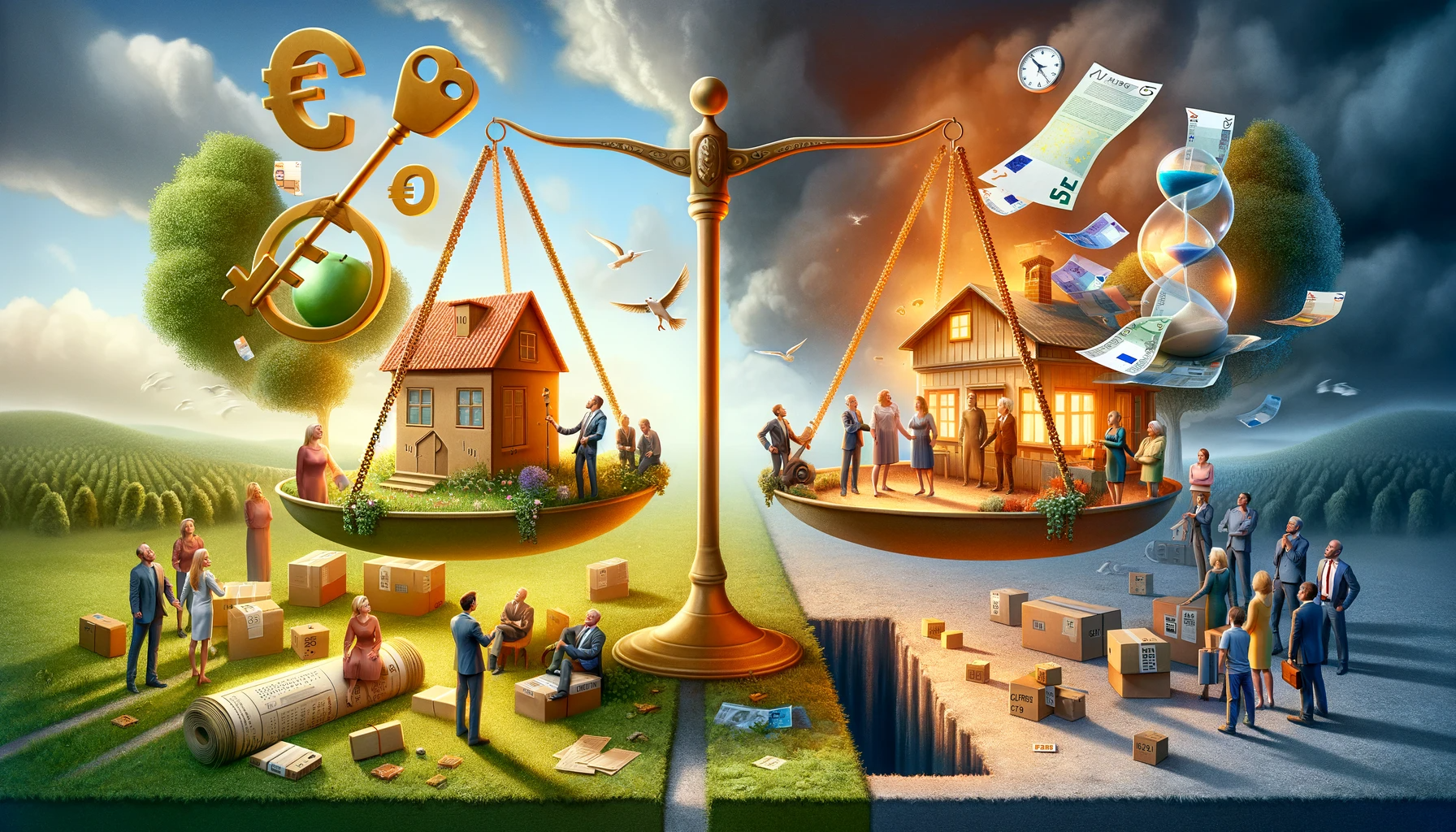 Scène illustrant la balance du crédit immobilier sur 30 ans avec des familles joyeuses autour d'une maison en carton à gauche, soutenues par une clé dorée et un pilier avec un taux d'intérêt bas, face à des conseillers financiers et clients inquiets à droite, surplombant un abîme financier, avec une horloge symbolisant l'urgence et un sablier indiquant le passage de trois décennies.