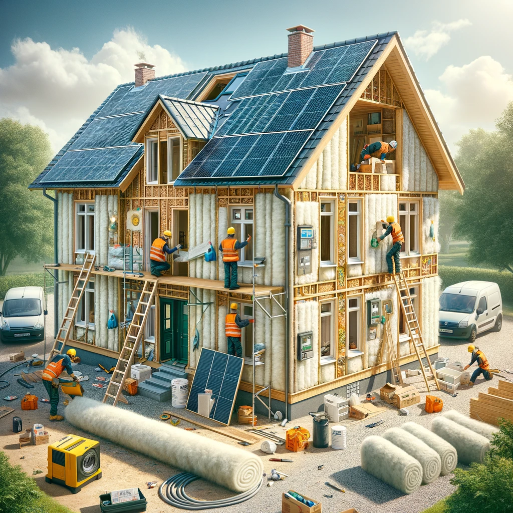 Maison résidentielle en cours de rénovation énergétique avec installation d'isolation, remplacement de fenêtres par des modèles écoénergétiques et pose de panneaux solaires sur le toit, sous un ciel clair.MaPrimeRénov' 2024.