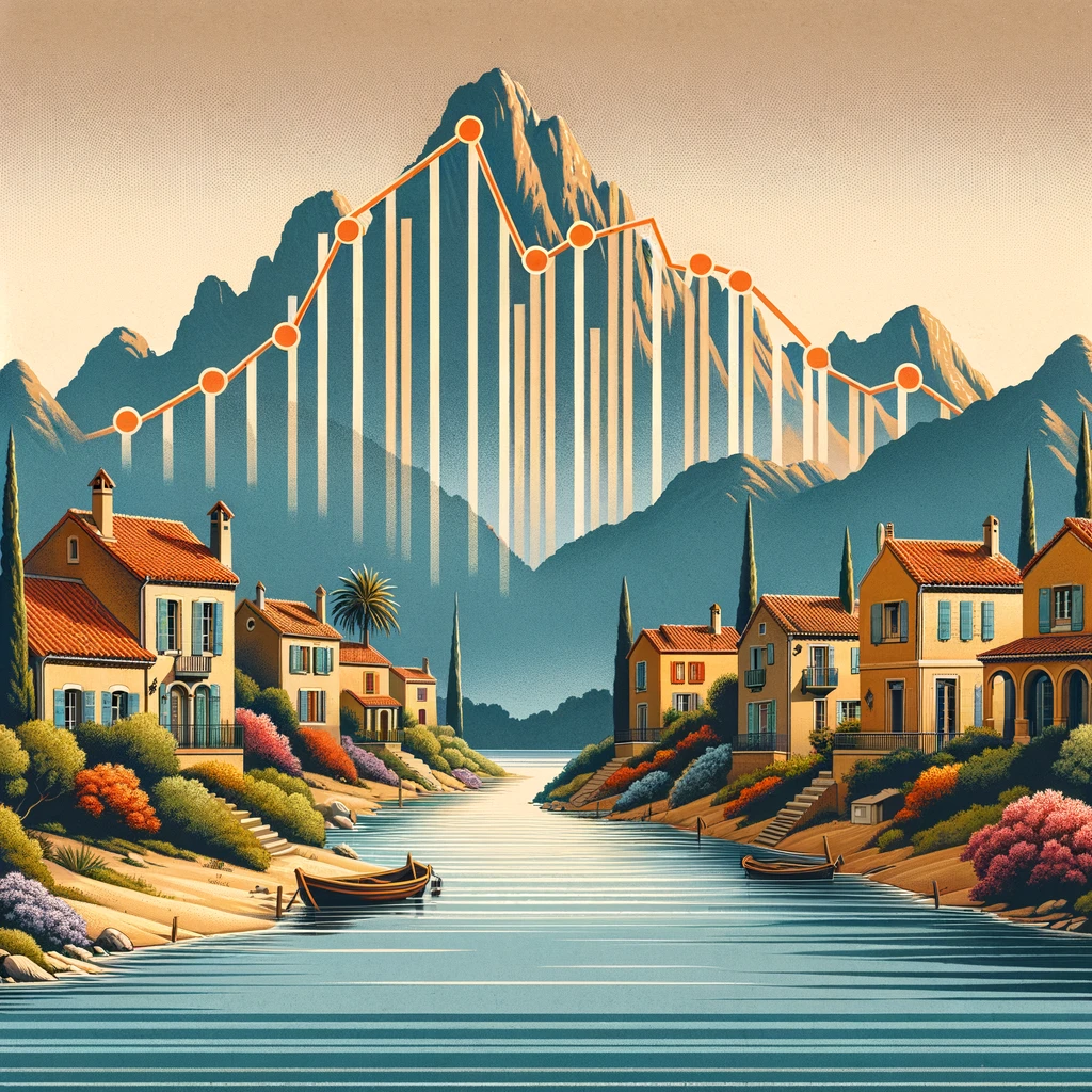 Baisse du Marché Immobilier dans les Pyrénées-Orientales : Une Perspective Visuelle Vue panoramique des Pyrénées-Orientales avec des villas méditerranéennes indiquant subtilement leur mise en vente, sur fond de paysage côtier et montagneux, sans caractères alphanumériques.