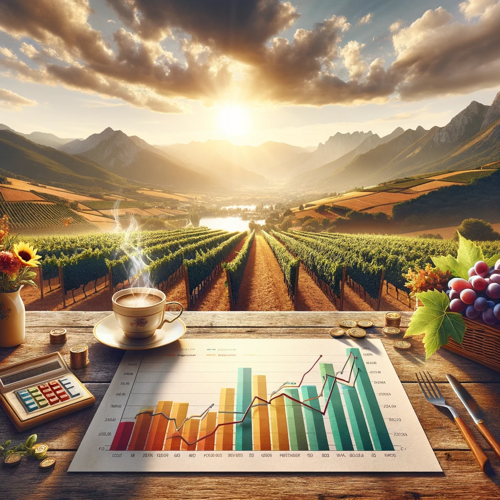 Table rustique avec graphiques d'investissement et tasse de café en plein air dans les Pyrénées-Orientales, vignobles en arrière-plan symbolisant la croissance et la prospérité.