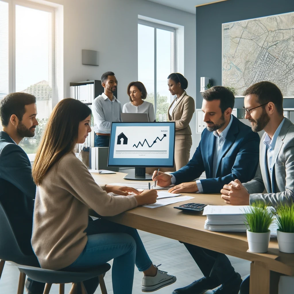 Agent immobilier et client discutant des taux de crédit dans un bureau moderne à Perpignan.