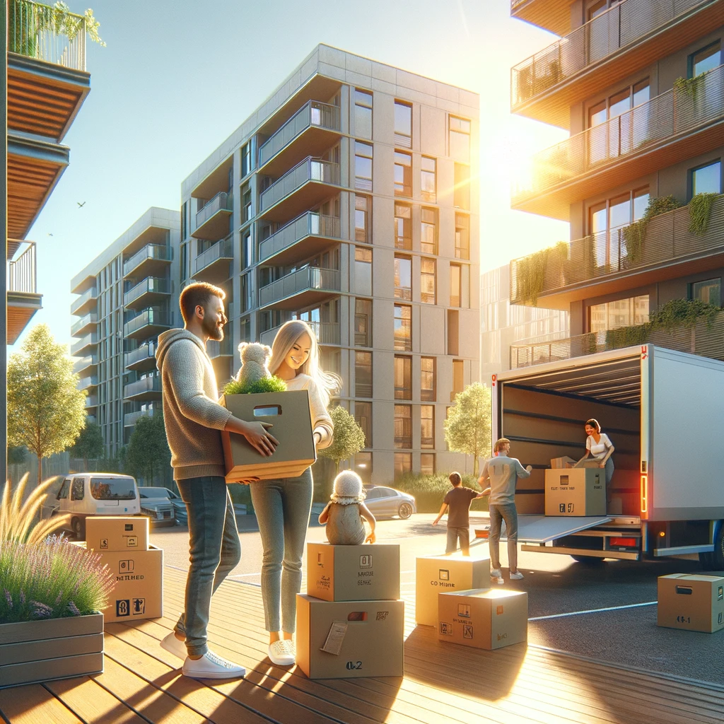 Le Nouveau Départ d’une Famille à Perpignan avec le PTZ 2024 Famille heureuse emménageant dans un appartement moderne grâce au PTZ à Perpignan en 2024, symbolisant un nouveau départ éco-responsable.