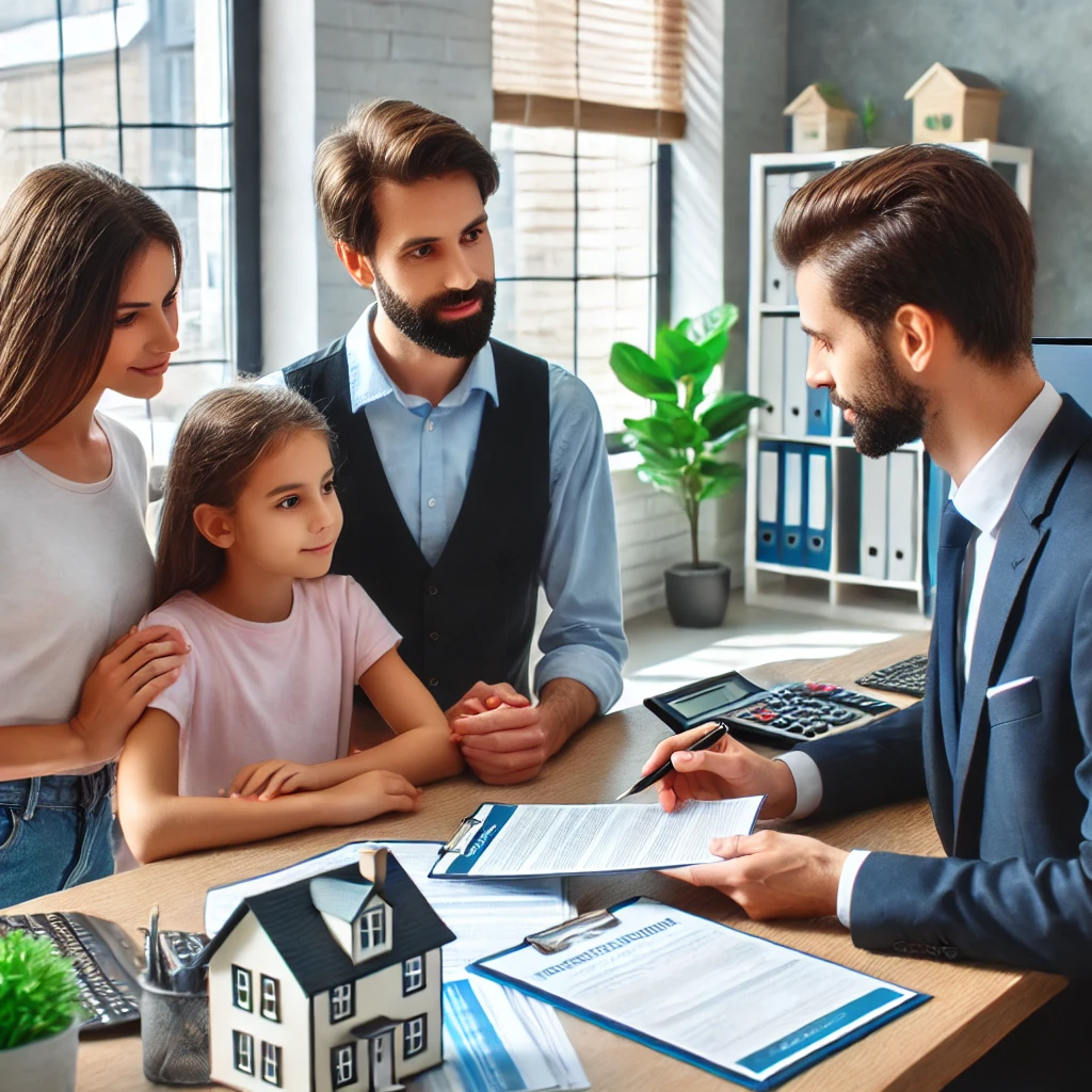 Options de crédit immobilier pour ménages modestes. Famille modeste discutant des options de crédit immobilier avec un courtier.