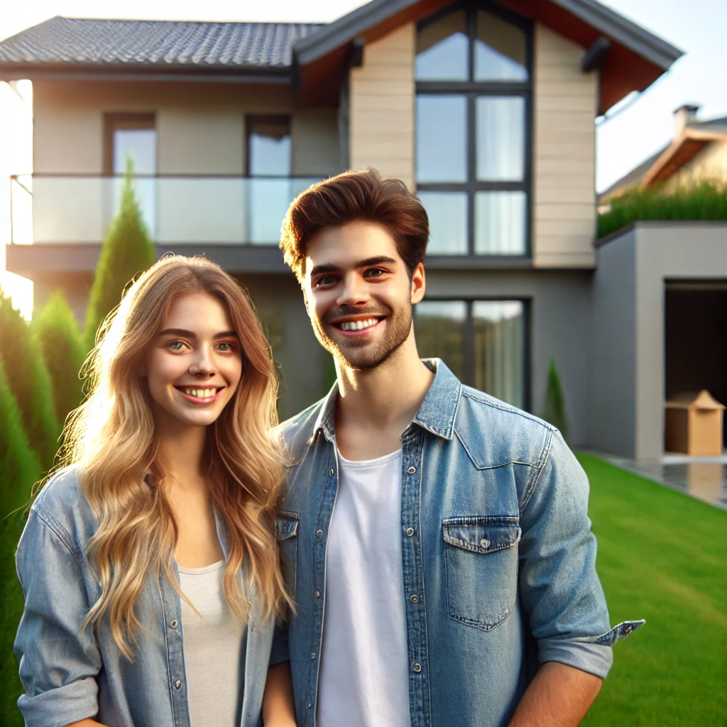 Jeunes adultes heureux d'acheter un bien immobilier neuf grâce à une exonération fiscale en 2025