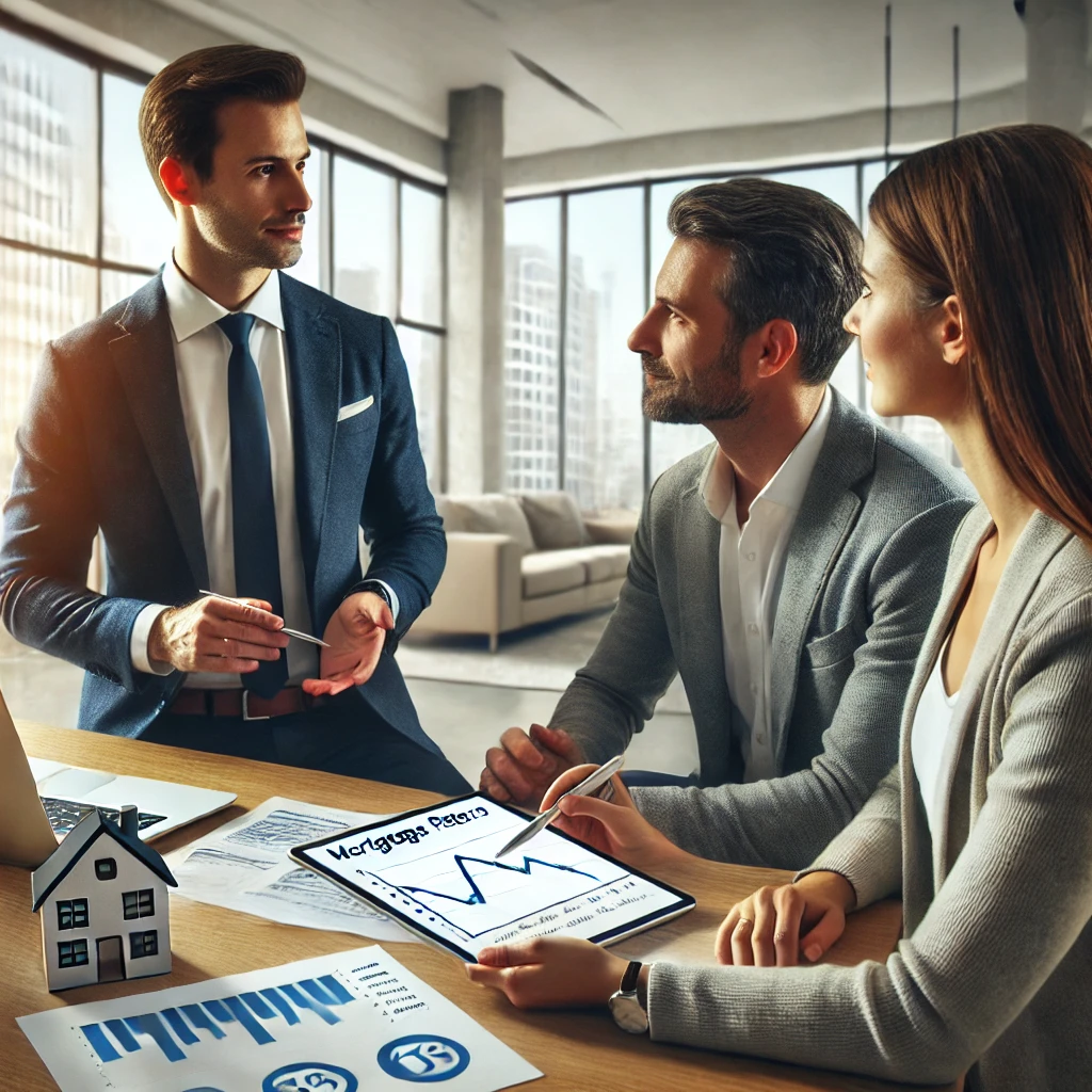 Conseiller financier présentant les tendances des taux de crédit immobilier à un couple dans un bureau moderne, illustrant les opportunités d'emprunt en 2025.