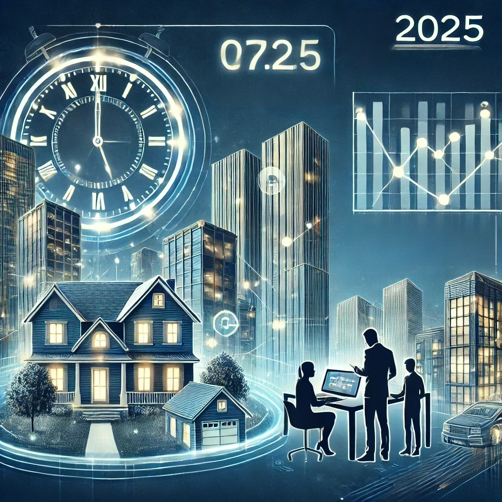 Illustration d’un prêt immobilier en 2025, avec un conseiller financier, un graphique des durées de prêt, un écran numérique affichant les taux et une banque en arrière-plan