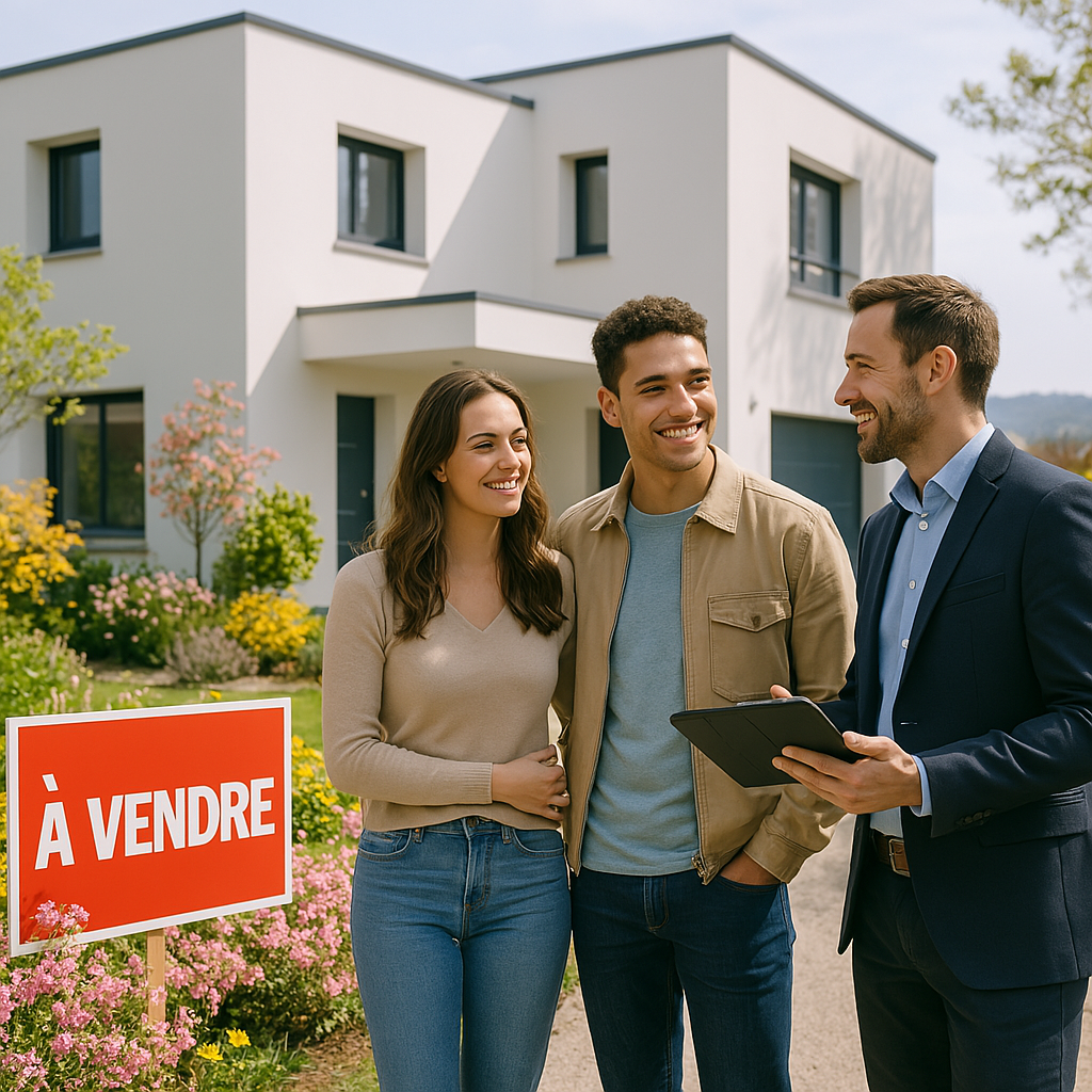 Jeune couple en visite immobilière en 2025 avec un courtier