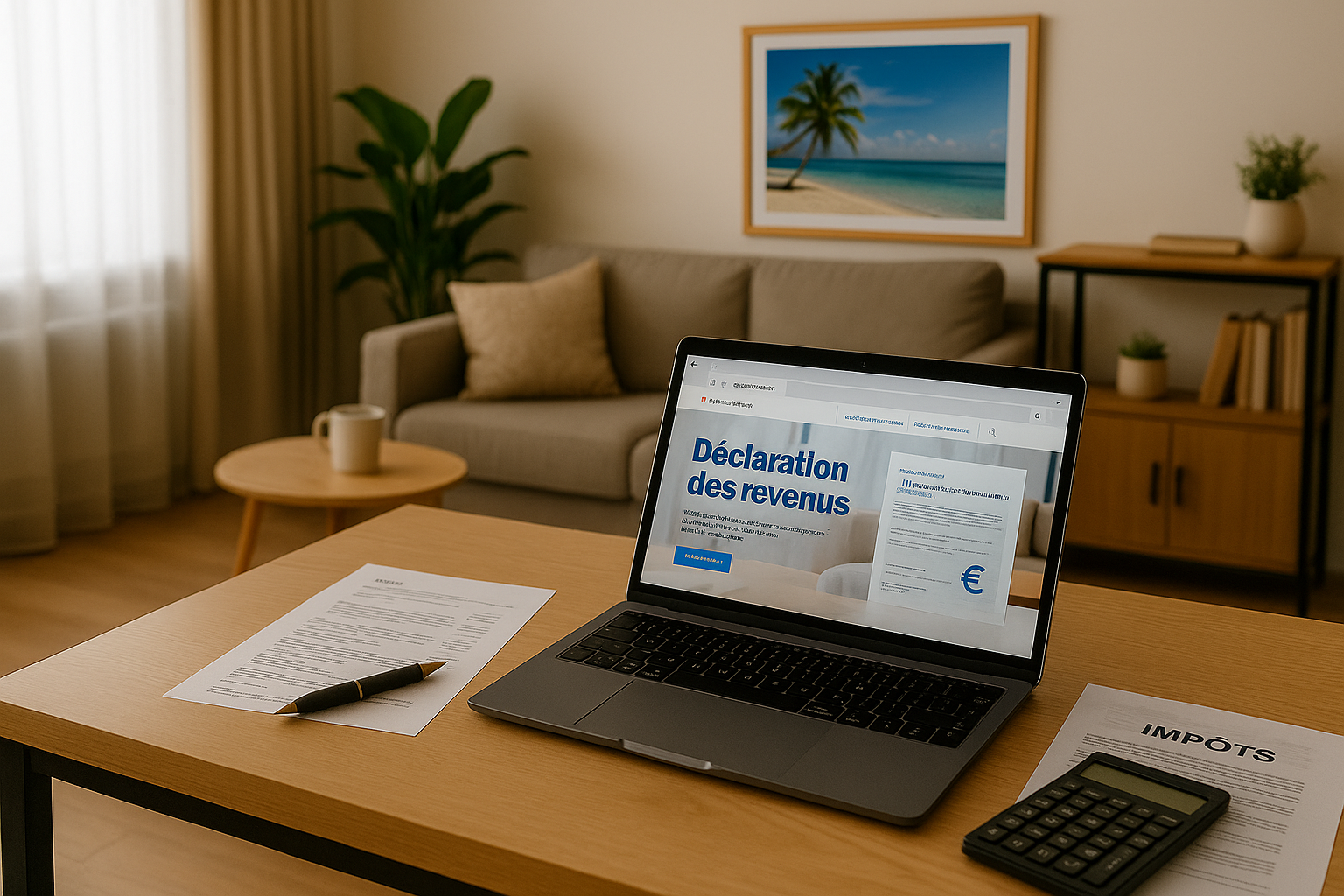 Salle de séjour moderne avec ordinateur affichant une déclaration de revenus française, documents fiscaux sur la table et cadre de plage au mur, illustrant l’investissement locatif LMNP 2025.