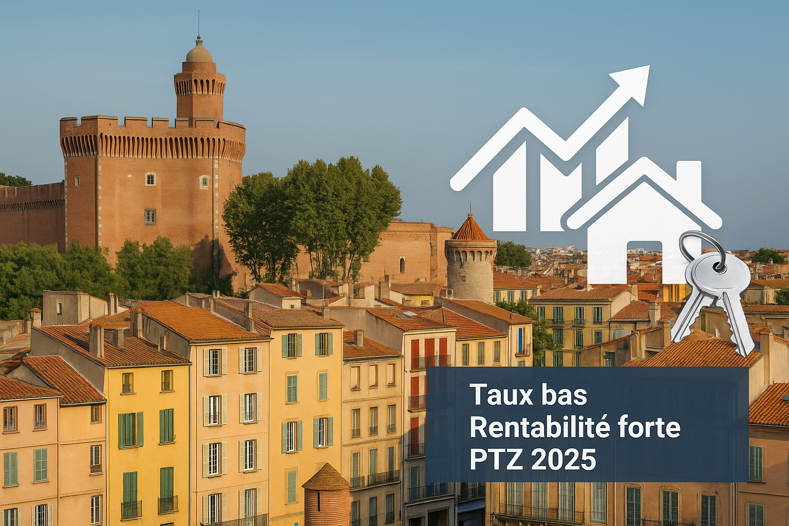 Vue aérienne de Perpignan avec texte Marché immobilier en Occitanie et à Perpignan - Bilan du 1er semestre 2025 - Cabinet Plane