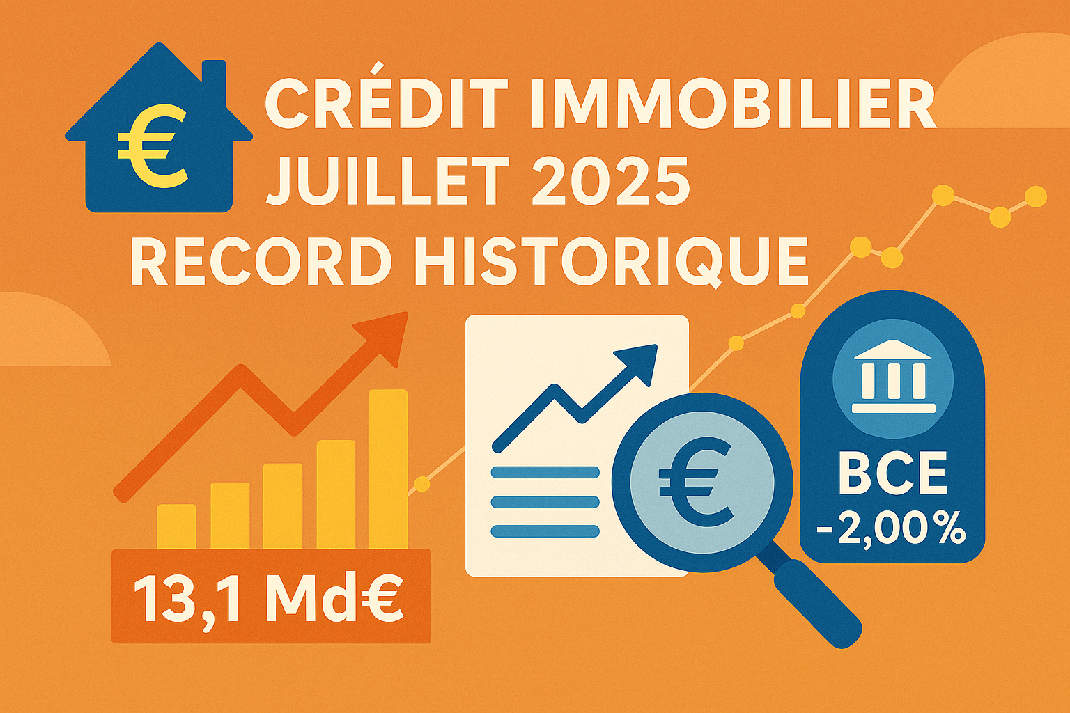 Infographie sur le record historique du crédit immobilier en France en juillet 2025, avec 13,1 milliards d'euros de production, taux en baisse et impact de la BCE.