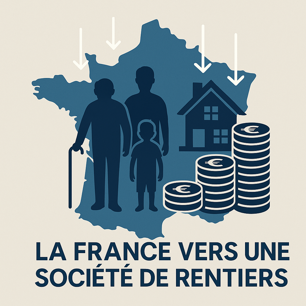 Illustration montrant la France, des générations familiales et la concentration du patrimoine : 10 % des ménages détiennent 55 % des richesses, symbole de la société de rentiers.