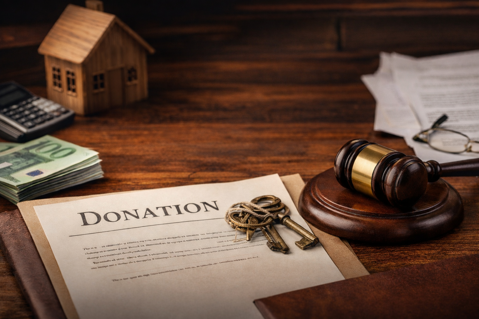 Transmission_patrimoine–stratégies_2025 Acte de donation immobilière posé sur un bureau avec un marteau de juge, des clés de maison, de l’argent et une maquette de maison symbolisant la transmission de patrimoine
